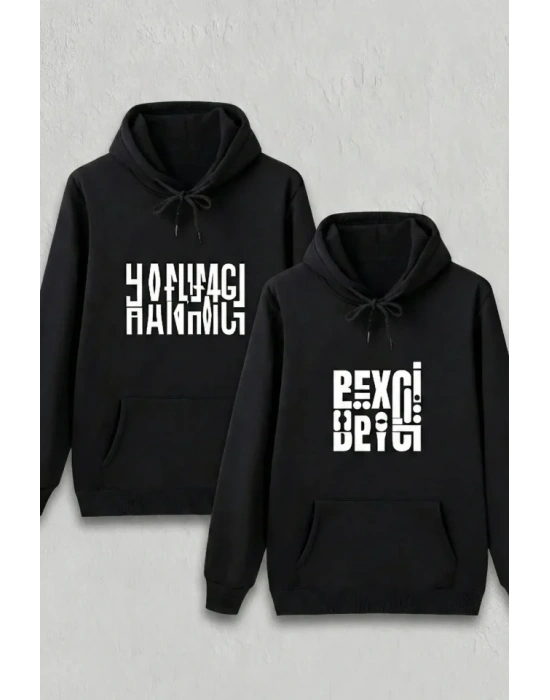 Sevgililer Günü Özel Kapüşonlu Beyci Baskılı Oversize Sweatshirt - Siyah