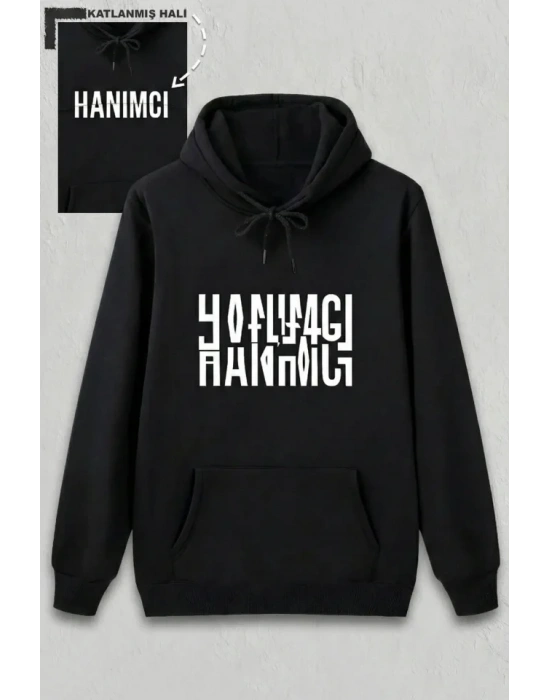 Sevgililer Günü Özel Kapüşonlu Hanımcı Baskılı Oversize Sweatshirt - Siyah