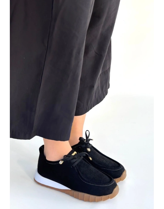 Sier Siyah Süet Bağcıklı Spor Ayakkabı