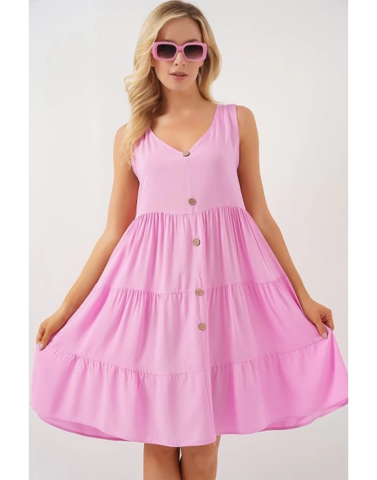 Sıfır Kol Düğmeli Kısa Elbise 2571 - Pembe