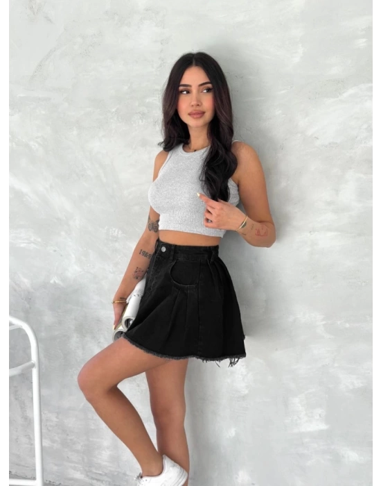 Şık Pileli Yazlık Mini Etekli Kot- Siyah