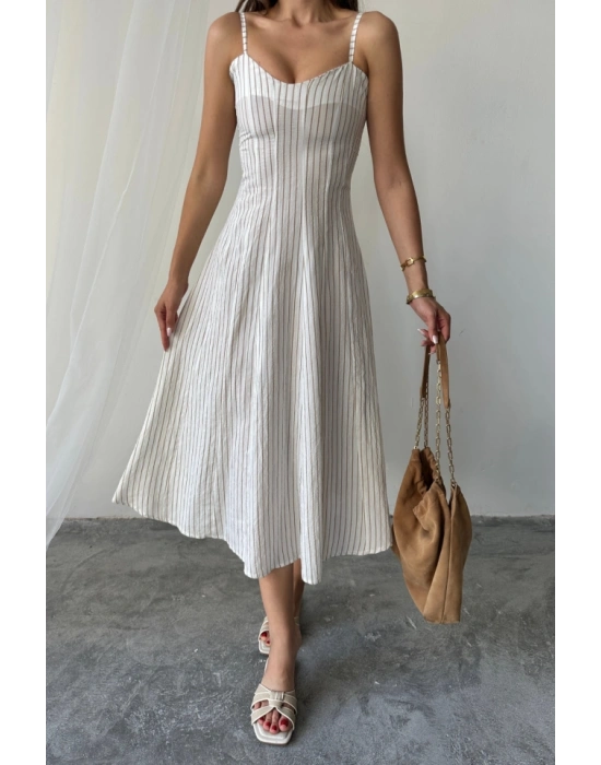 SİMLİ ÇİZGİLİ ASKILI ELBİSE MİDİ BOY - Kahverengi