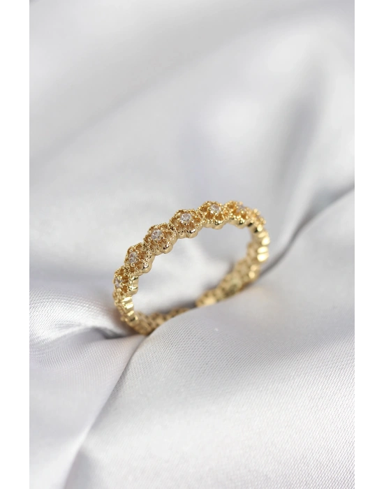 Sıralı Çiçek Model Gold Renk Zirkon Taşlı Kadın Yüzük