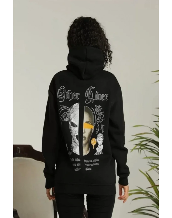 Sırt Baskılı Oversize Üç İplik Kapüşonlu Sweatshirt - Siyah