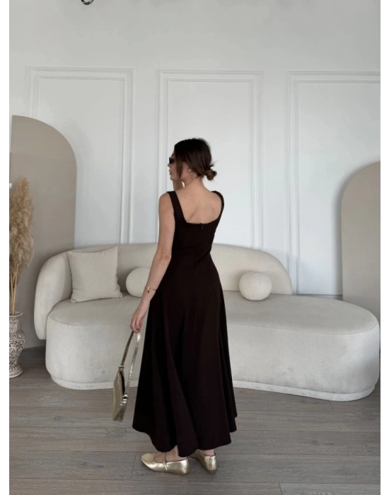 Sırt Dekolteli Kolsuz Uzun Elbise - Kahverengi