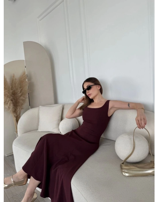 Sırt Dekolteli Kolsuz Uzun Elbise - Mürdüm