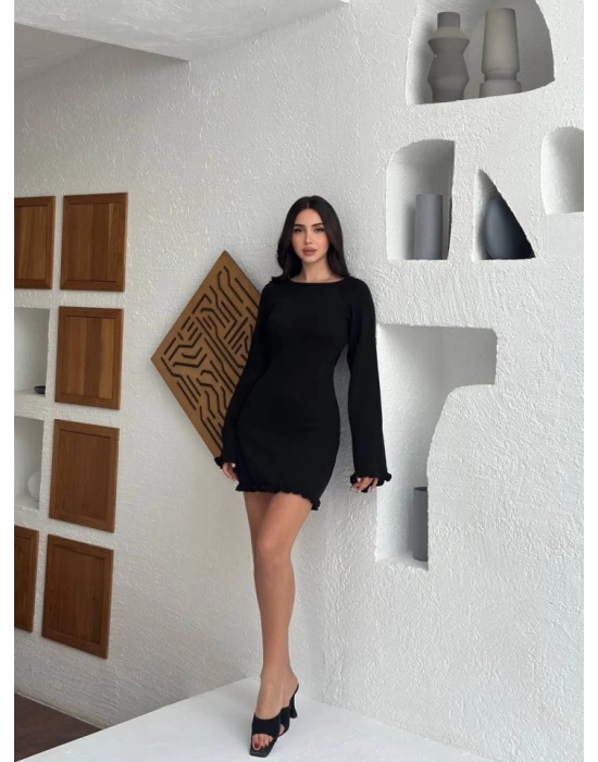 Sırt Pencereli Mini Triko Elbise - Siyah