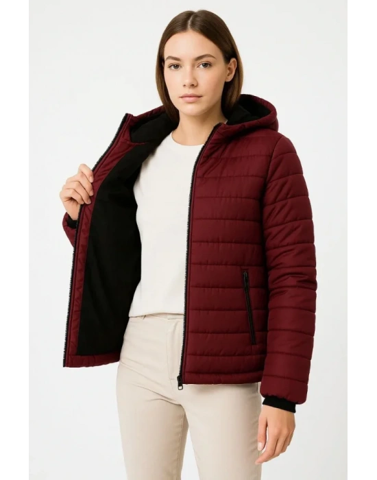 Şişme Kapüşonlu Fermuarlı Mont Su Itici Kapitone Astarlı Kumaş Cepli Kışlık Rahat Kalıp - Bordo