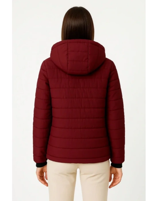 Şişme Kapüşonlu Fermuarlı Mont Su Itici Kapitone Astarlı Kumaş Cepli Kışlık Rahat Kalıp - Bordo