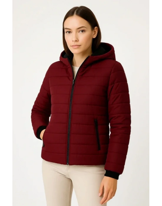 Şişme Kapüşonlu Fermuarlı Mont Su Itici Kapitone Astarlı Kumaş Cepli Kışlık Rahat Kalıp - Bordo