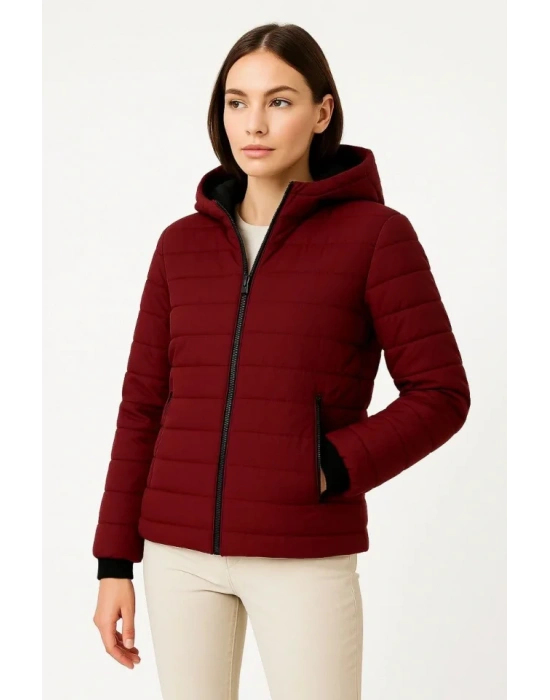 Şişme Kapüşonlu Fermuarlı Mont Su Itici Kapitone Astarlı Kumaş Cepli Kışlık Rahat Kalıp - Bordo