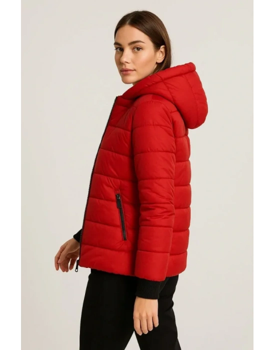 Şişme Kapüşonlu Fermuarlı Mont Su Itici Kapitone Astarlı Kumaş Cepli Kışlık Rahat Kalıp - Kırmızı