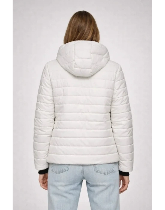 Şişme Kapüşonlu Fermuarlı Mont Su Itici Kapitone Astarlı Kumaş Cepli Kışlık Rahat Kalıp - Krem