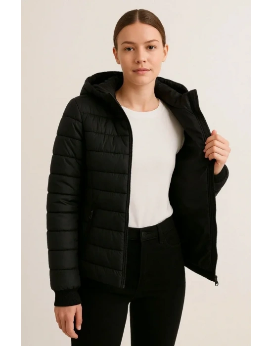 Şişme Kapüşonlu Fermuarlı Mont Su Itici Kapitone Astarlı Kumaş Cepli Kışlık Rahat Kalıp - Siyah