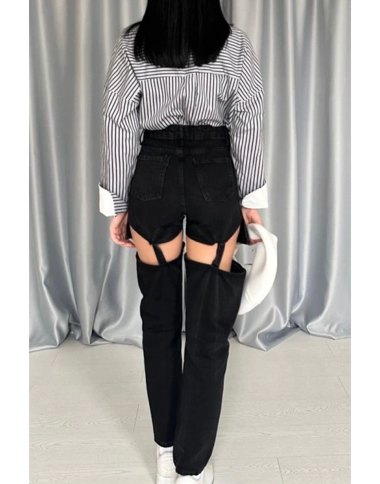 Siyah Askılı İki Parça Jeans Pantolon