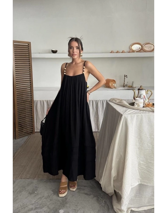 Siyah Askılı Müslin Elbise