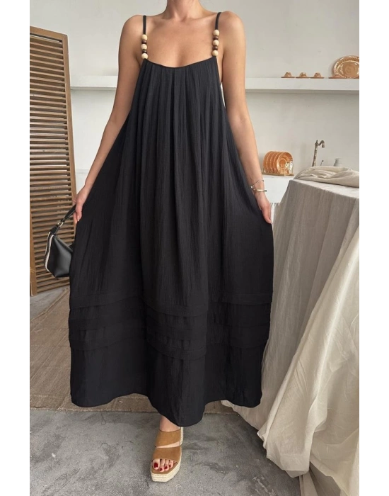 Siyah Askılı Müslin Elbise