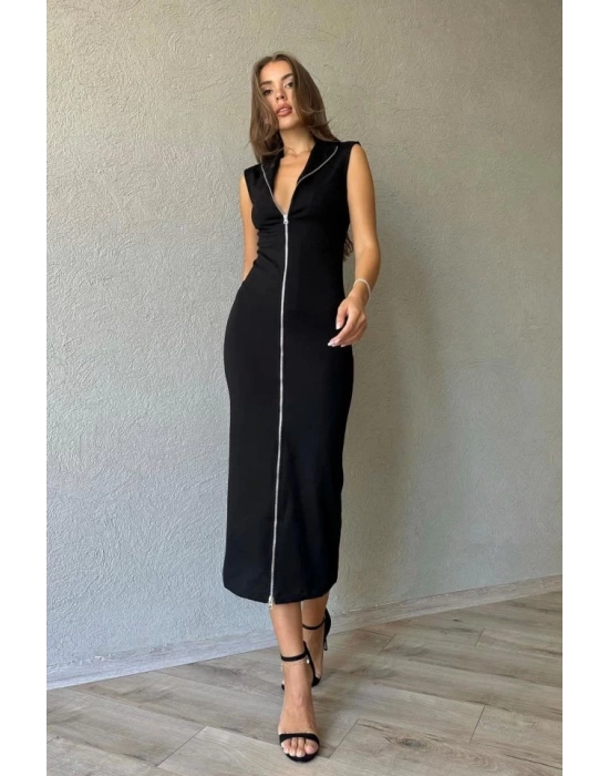 Siyah Boydan Fermuarlı Sıfır Kol Elbise
