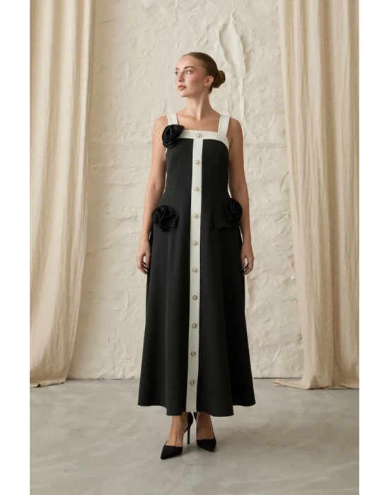 Siyah Güllü Askılı Elbise