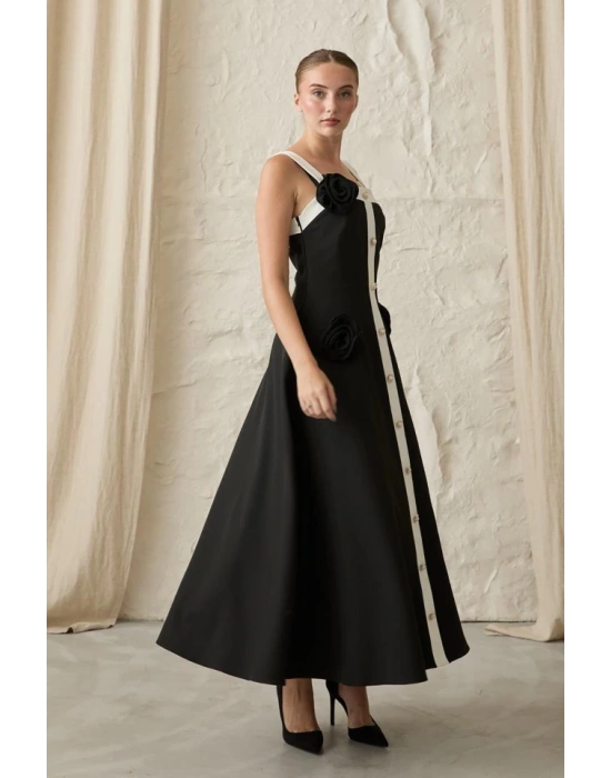 Siyah Güllü Askılı Elbise