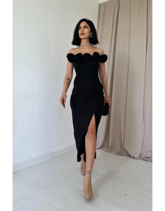 Siyah Madonna Yaka Güllü Elbise