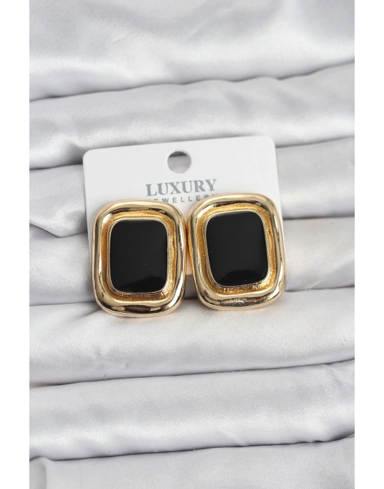 Siyah Mineli Kare Gold Renk Vintage Kadın Küpe