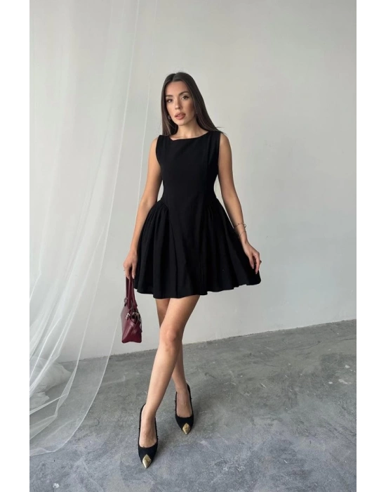 Siyah Mini Boy Büzgülü Keten Elbise