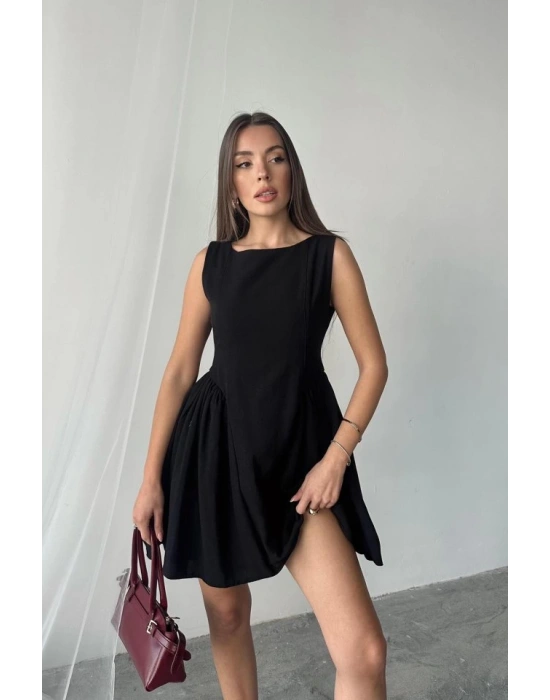 Siyah Mini Boy Büzgülü Keten Elbise
