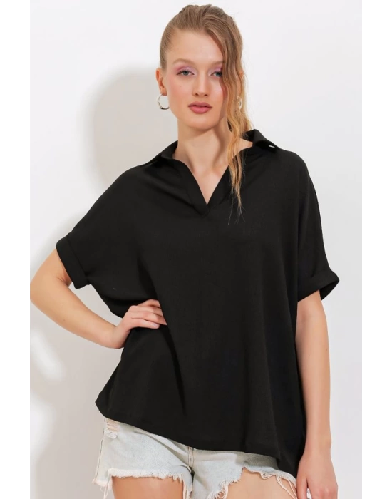 Siyah Oversize Polo Yaka Örme Bluz 0486