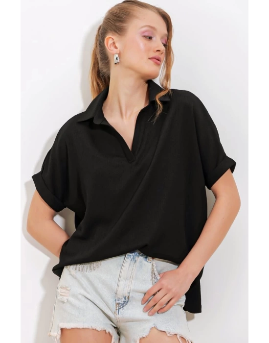 Siyah Oversize Polo Yaka Örme Bluz 0486