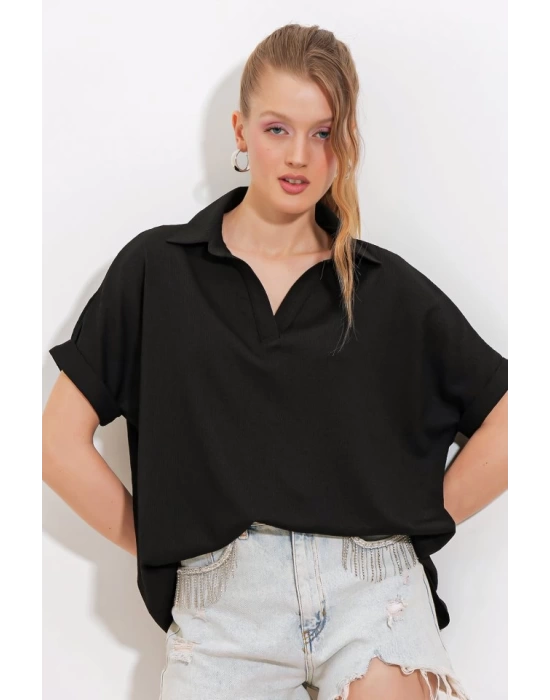 Siyah Oversize Polo Yaka Örme Bluz 0486