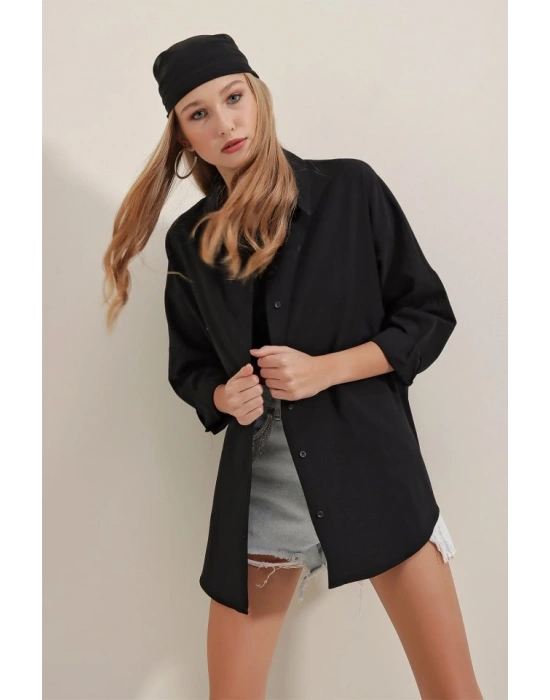 Siyah Oversize Uzun Basic Gömlek 3900