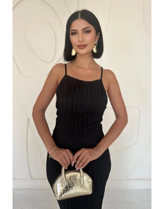 Siyah Piliseli Halter Boyun Elbise