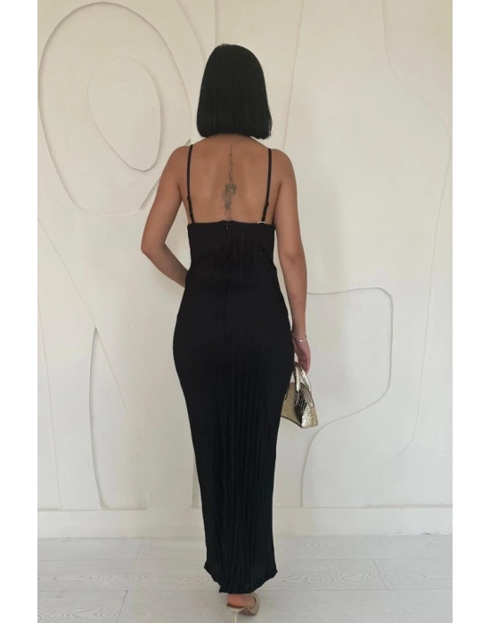 Siyah Piliseli Halter Boyun Elbise