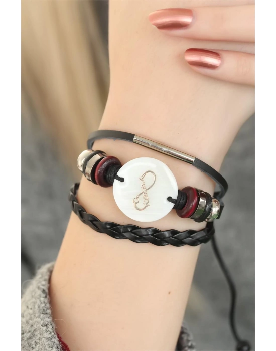 Siyah Renk Sonsuzluk ve Atatürk İmza Tasarım Çoklu Deri Bayan Bileklik