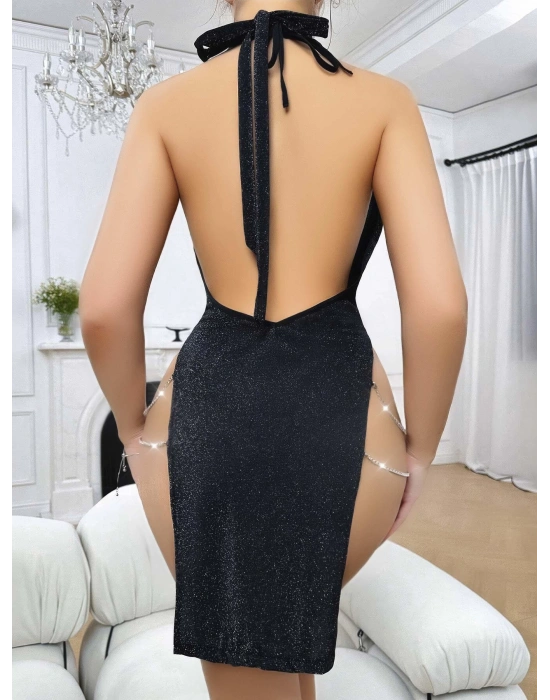 Siyah Seksi Elbise Zincirli 5045