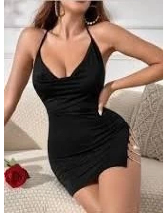 Siyah Seksi Elbise Zincirli 5077