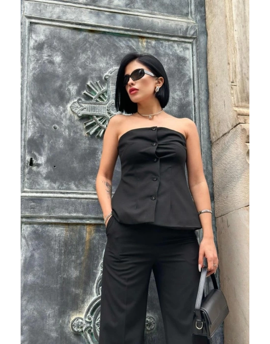 Siyah Straplez Düğmeli Crop Ve Pantolon Takım