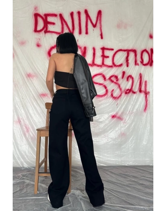 Siyah Yüksek Bel Ve Geniş Paça Jeans Pantolon