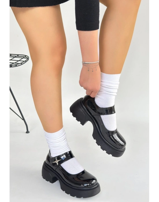 Siyat Siyah Rugan Dolgu Topuk Oxford Ayakkabı