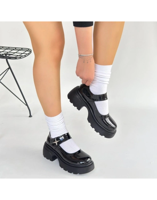 Siyat Siyah Rugan Dolgu Topuk Oxford Ayakkabı