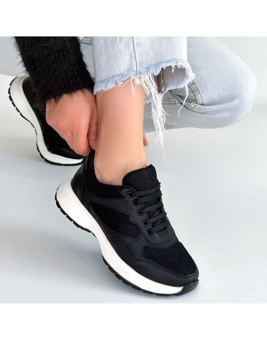 Slar Siyah Cilt Simli Bağcıklı Spor Ayakkabı