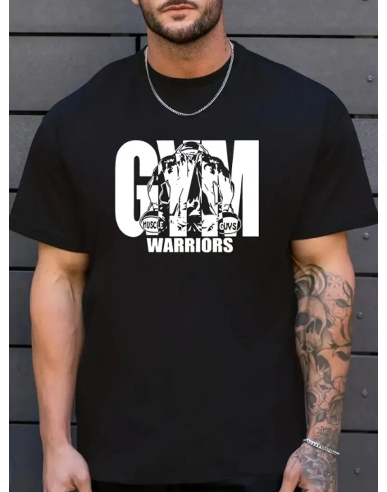 Sporda Günlük Hayata Giyilebilir GYM Baskılı Oversize Bisiklet Yaka Erkek T-shirt - Siyah