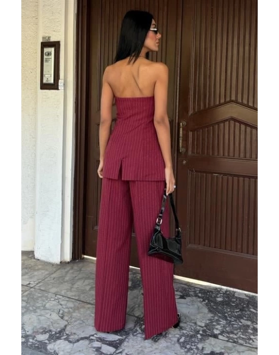 Straplez Büstiyer Ve Palazzo Pantolon Çizgili Takım 10005