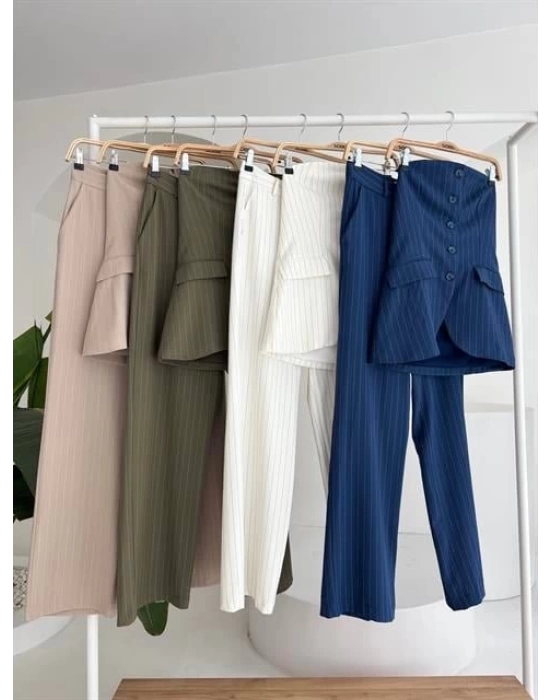 Straplez Büstiyerli Plazzo Pantolonlu Çizgili Takım 10151