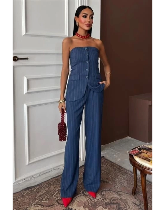 Straplez Büstiyerli Plazzo Pantolonlu Çizgili Takım 10151