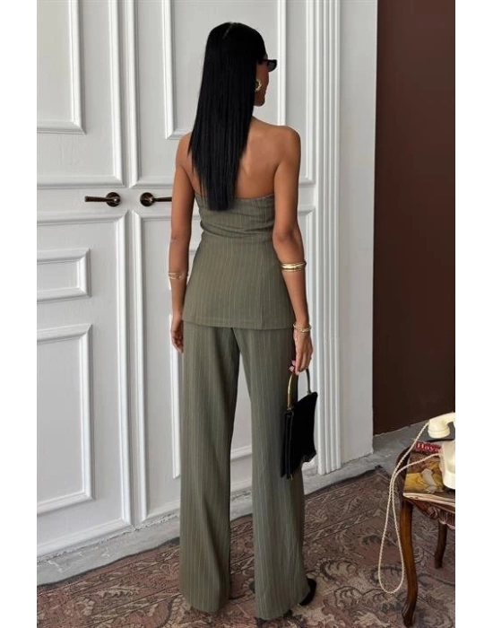 Straplez Büstiyerli Plazzo Pantolonlu Çizgili Takım 10151