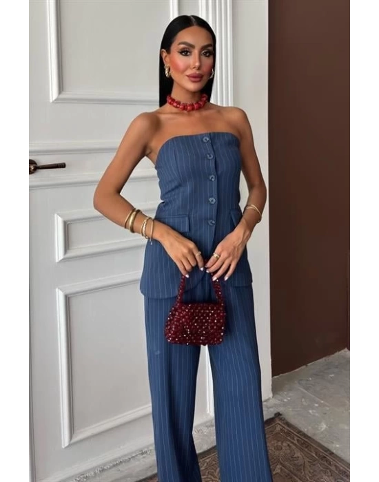 Straplez Büstiyerli Plazzo Pantolonlu Çizgili Takım 10151