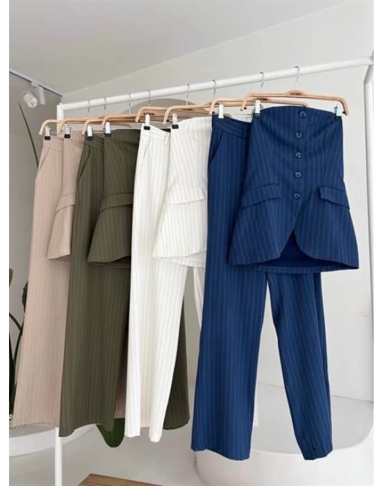 Straplez Büstiyerli Plazzo Pantolonlu Çizgili Takım 10151