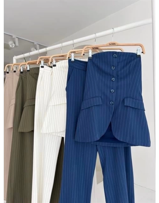 Straplez Büstiyerli Plazzo Pantolonlu Çizgili Takım 10151